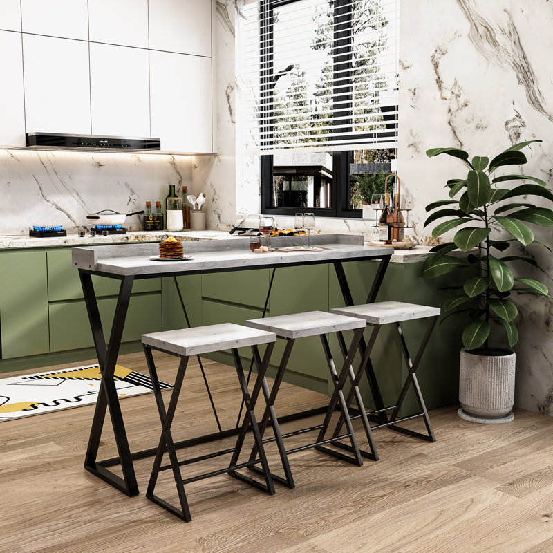 Long Dining Table Set with 3 Stools, Grey/Black