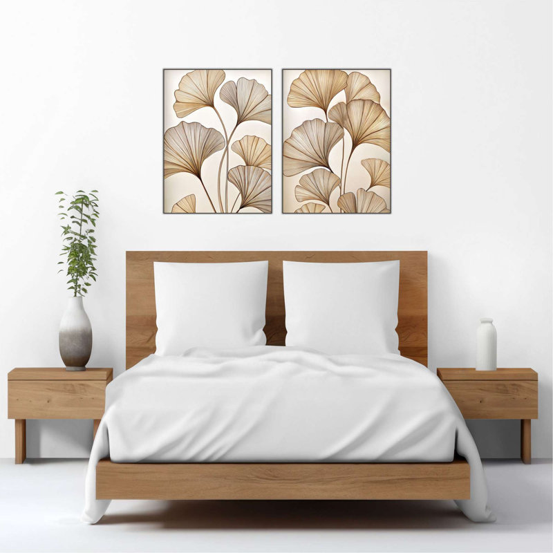Ensemble de 2 décorations murales abstraites à motif de feuilles de ginkgo doré, H 23,6 po x l 31,4 po