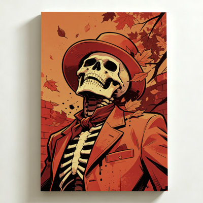 Halloween Canvas Wall Art 16"x24" Skeleton in a red suit and hat, surrounded by autumn leaves, Comic Book Art Canvas Print. Modern Wall Decor for Bedroom, Living Room & Home Office