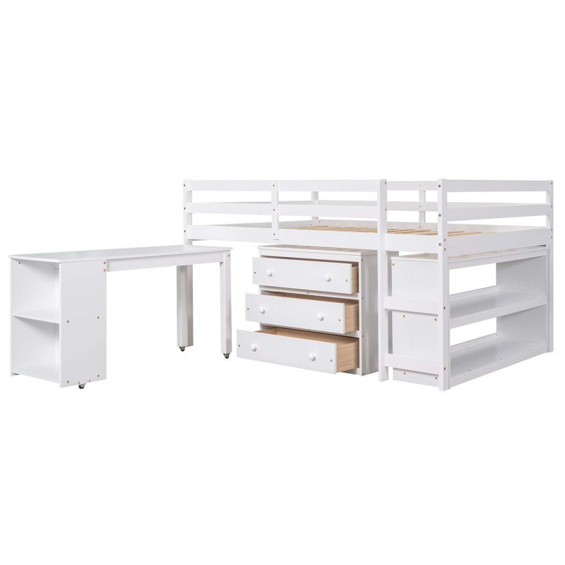 Lit mezzanine basse avec armoire, tablettes et bureau portable roulant, lit multifonctionnel, Blanc