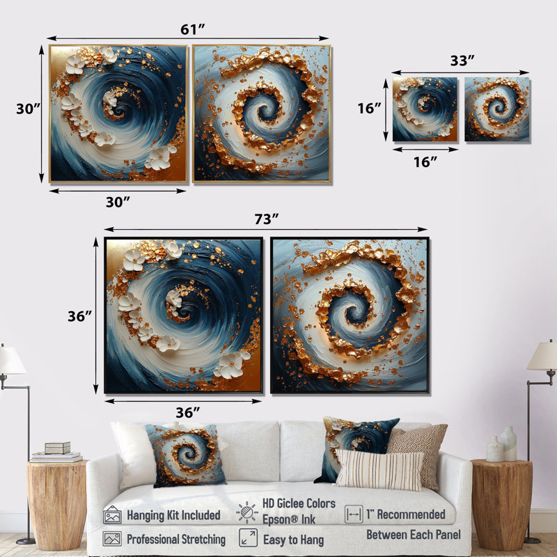 Abstrait bleu et or en spirale «Prosperity I» - Art mural abstrait en spirale - Art mural moderne sur toile 2 pièces, Brun