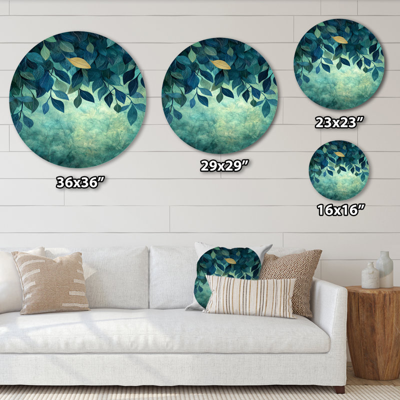 «Green and Blue Leaves Forest Tranquility II», reproduction d'art métallique traditionnelle verte, H 16 po x l 16 po