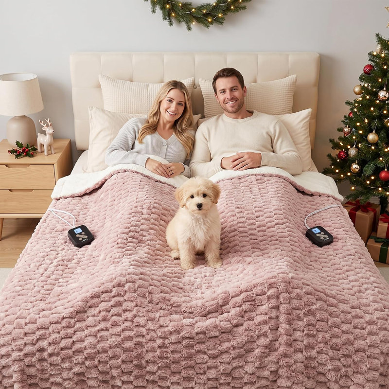 Electric Heated Blanket, Faux Fur & Sherpa Dual-Sided Fabric, Dual Controller, 10 Heat Settings, 12H Auto Shut Off, Overheat Protection, Machine Washable Cozy Bedding Gift