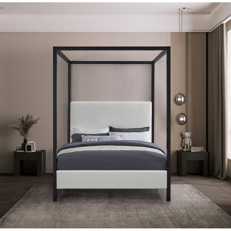 Upholstered Metal Canopy Bed, King, Cream Linen Textured Fabric