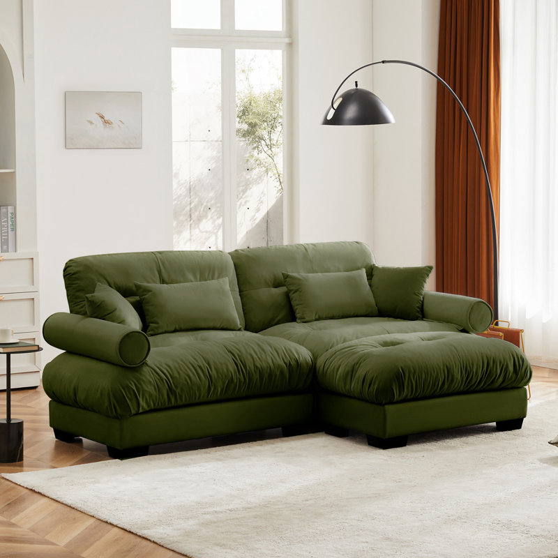 Over Size Modern Two-Seater Sofa With Ottoman, Comfy Couch, Olive Green