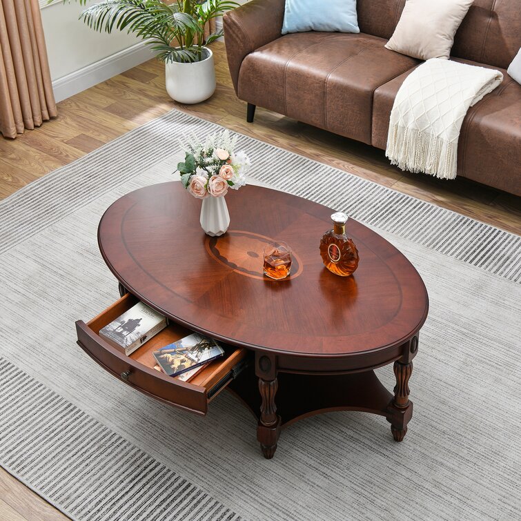 Solid Wood Coffee Table, Traditional Oval Cocktail Table with Storage Shelf Canora Grey