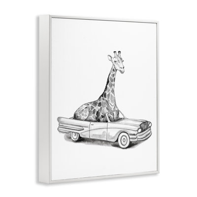 Girafe dans un véhicule rétro, estampe numérique, design par Rachel Nieman