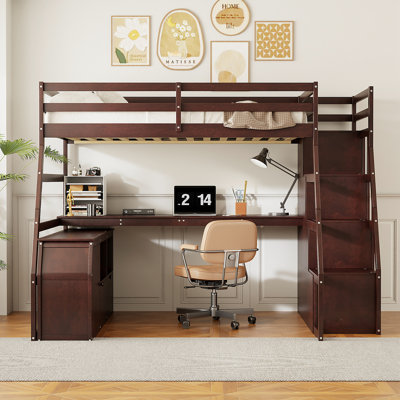 Lit mezzanine double avec 7 tiroirs, 2 tablettes et bureau