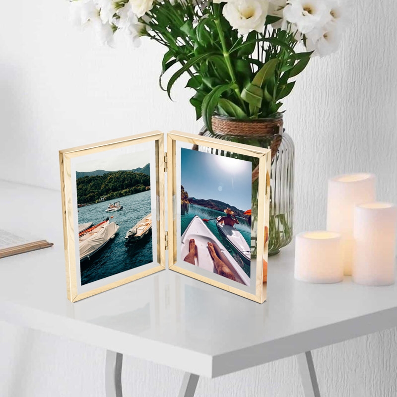 Cadre en métal flottant articulé avec verre véritable, Or, 5 po x 7 po