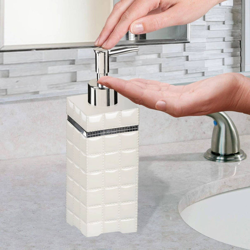  Distributeur de savon liquide Oneita en résine | Meuble-lavabo de salle de bain et évier de cuisine, contient savon, lotion et assainisseur | Blanc