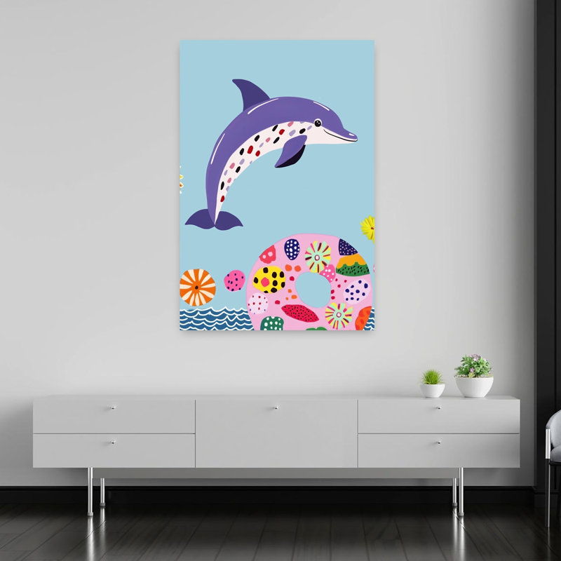 Happy Dolphin Swim Ring Colorful Playful Vibrant Dolphin Ocean Summer Wall Art Print 1 Piece Wrapped Canvas Wall Art