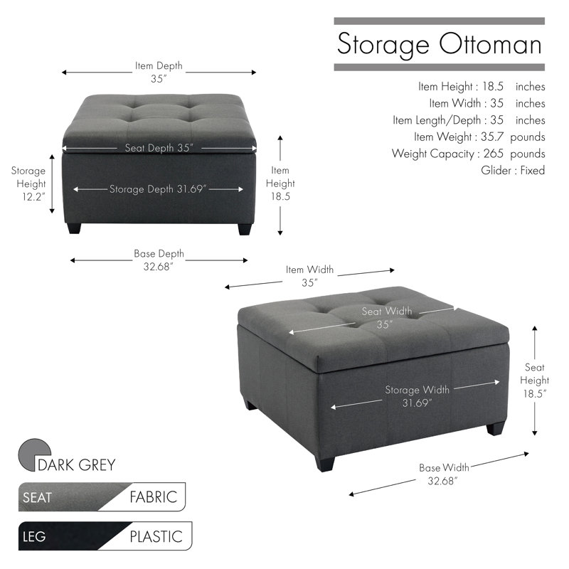 Agilbert Fabric Upholstered Storage Ottoman, Dark Grey