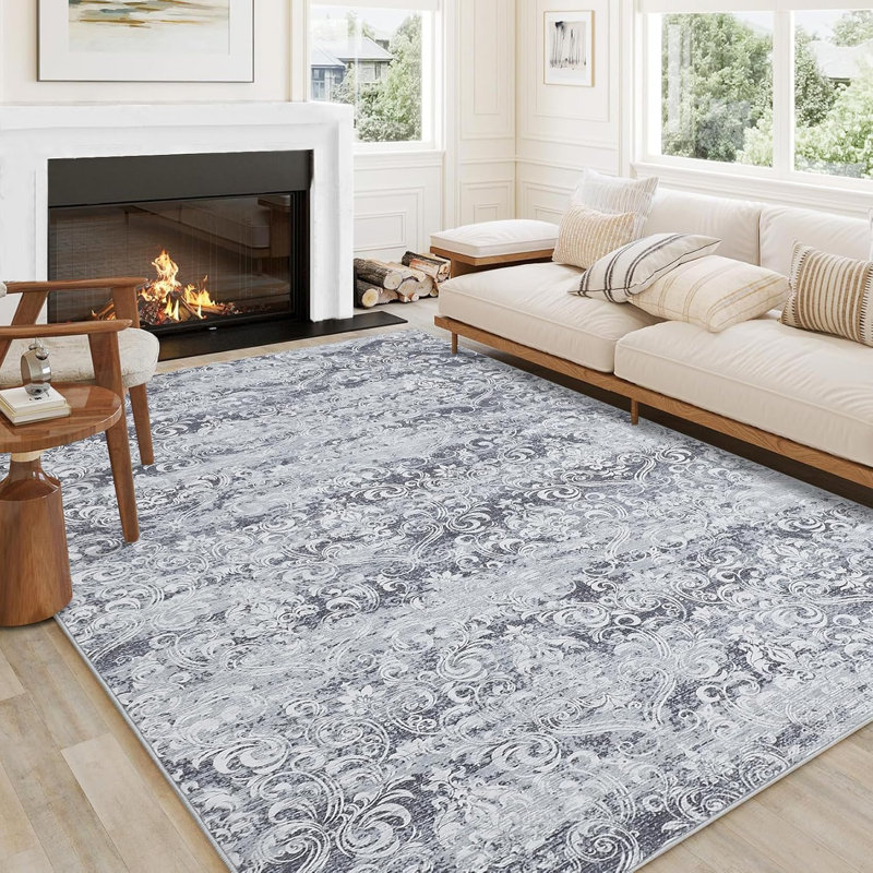 Washable Area Rugs for Living Room, Soft Vintage Damask Distressed Large Bedroom Rug Foldable Low Pile Indoor Floor Carpet, Grey