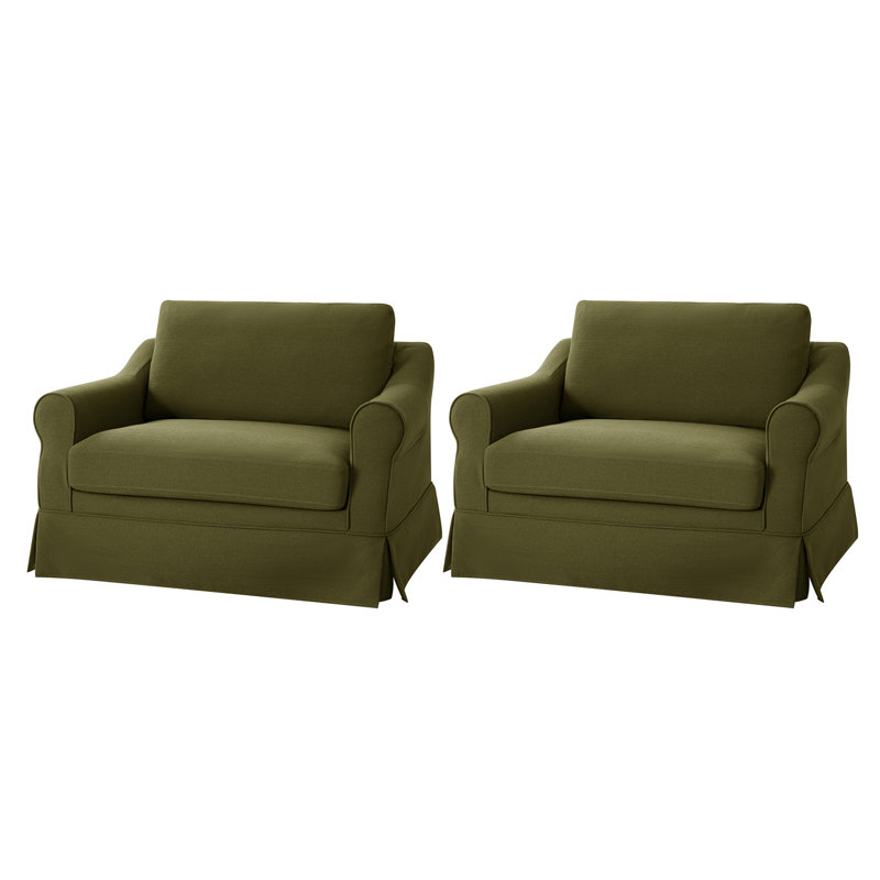 Estevan 50.75"W Farmhouse Slipcovered Oversized Armchair with Feather Blended Cushion (Set of 2), Moss
