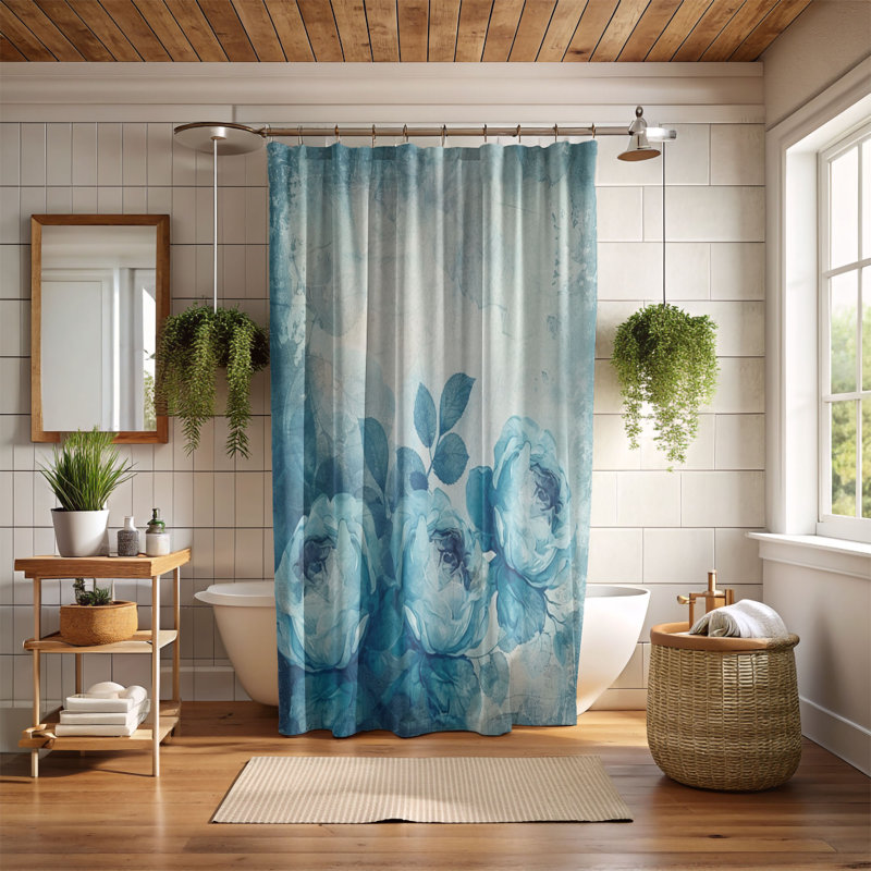 Rideau de douche bleu 1 pièce, H 74 po x l 71 po