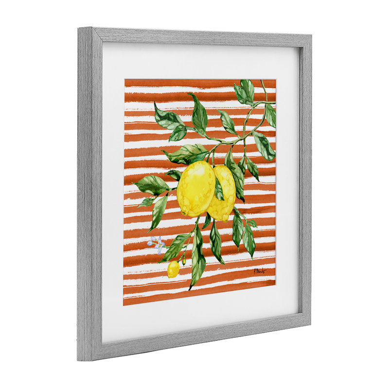 Vigne citron juteuse sur reproduction encadrée rouge sous verre, design par Paul Brent, Cadre de ferme gris