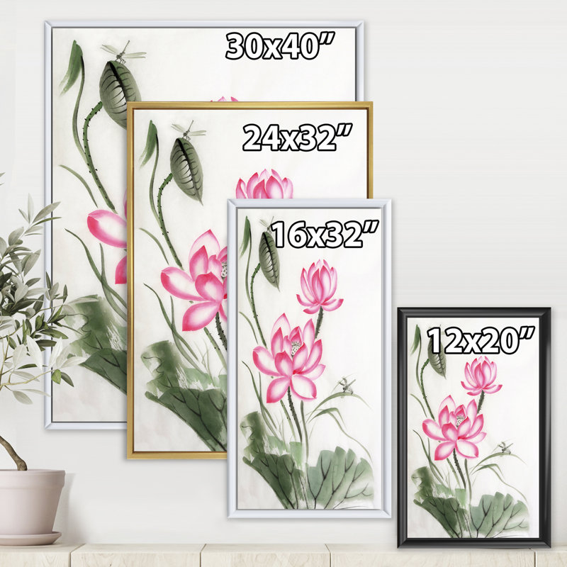 Lotus et la libellule I - reproduction sur toile, Toile avec cadre noir, H 32 po x l 16 po x P 1 po
