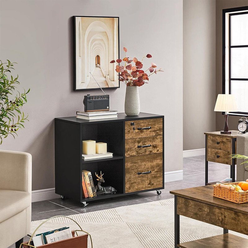 Rectangular File Cabinet with Lock for A4 Size, 3 Drawer Printer Stand with Open Storage Compartments, Mobile Filing Cabinet, Black/Rustic Brown