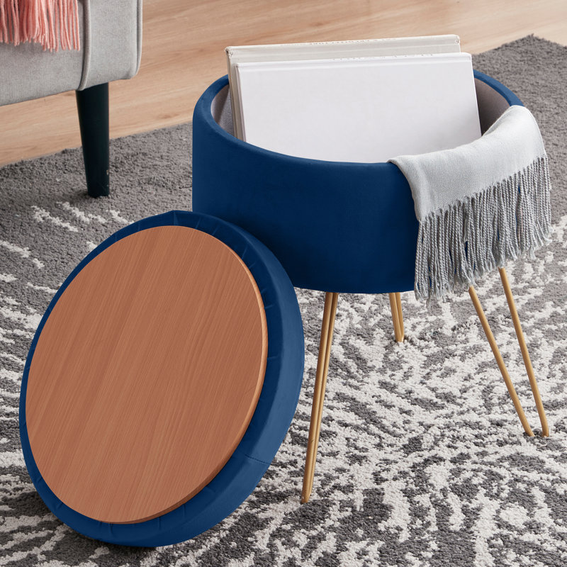 Repose-pieds rond en velours avec rangement 15 po Wolfeboro, Bleu marine