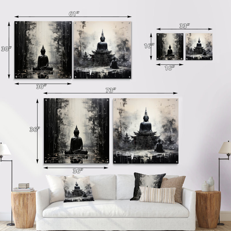 Statue du Saint Bouddhisme - Ensemble de 2 peintures murales en acrylique, H 16 po x l 33 po