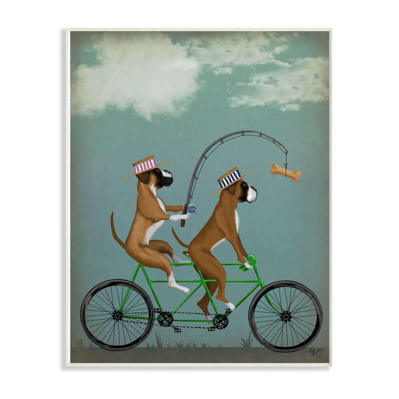 « boxer dogs share a bicycle », reproduction d’impression, Plaque murale, H 19 po x l 13 po x P 0,5 po