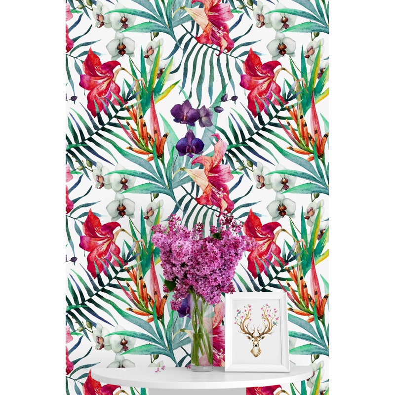 Panneau de papier peint adhésif Tadley Orchid and Palm Leaves, L 50 po x l 25 po