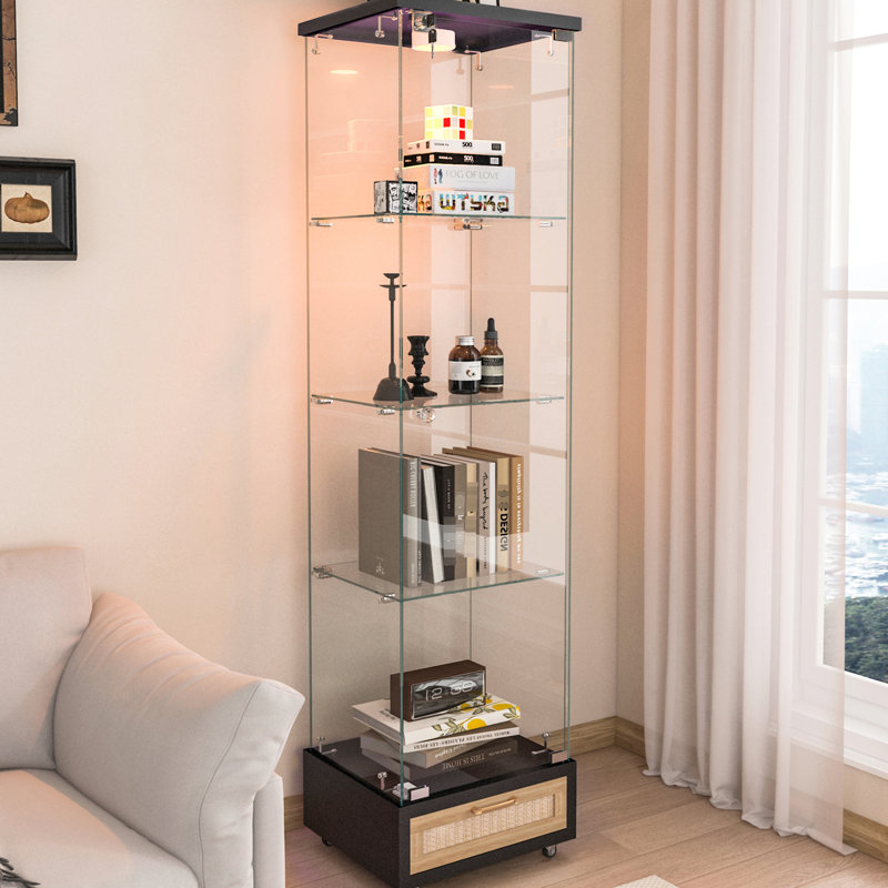 Verre trempé, 1 porte, étui de rangement, 4 tablettes, tiroir, 13 lumières à DEL de couleur, chambre à coucher, salle à manger, cuisine, bibliothèque à roulettes lisses, présentoir élégant