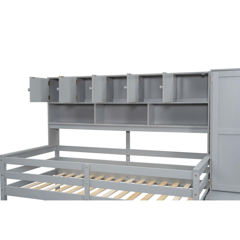 Grand lit mezzanine avec rangement sous le lit, avec tiroirs et tablettes, Lit simple, Gris