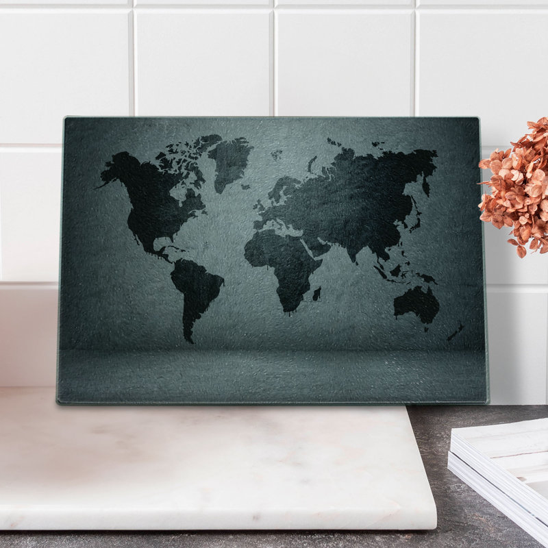 Carte du monde sur mur en verre trempé gris foncé Ambesonne