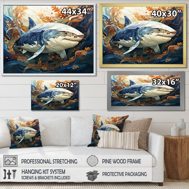 " Gray Orange Shark Harmony ", White Picture Framed, 34" H x 44" W x 1.5" D