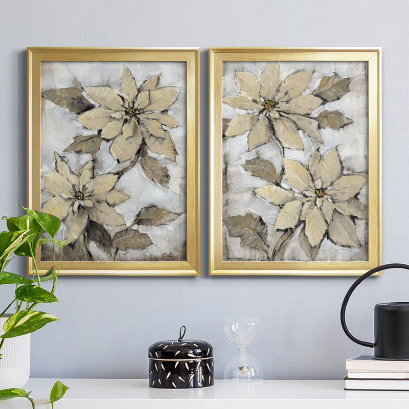 Poinsettia Study I - Ensemble de 2 peintures sur toile encadrées, Or, H 24,5 po x l 18,5 po x P 1 po