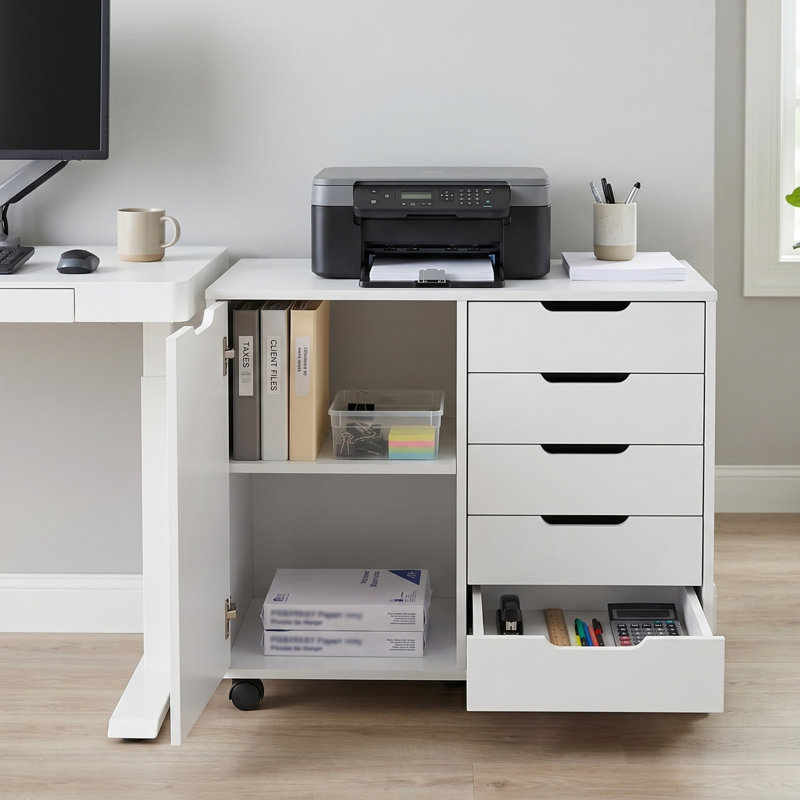 Classeur latéral mobile en bois Lavish Home de 78 cm de large avec 5 tiroirs, étagères réglables et 5 roulettes (blanc)