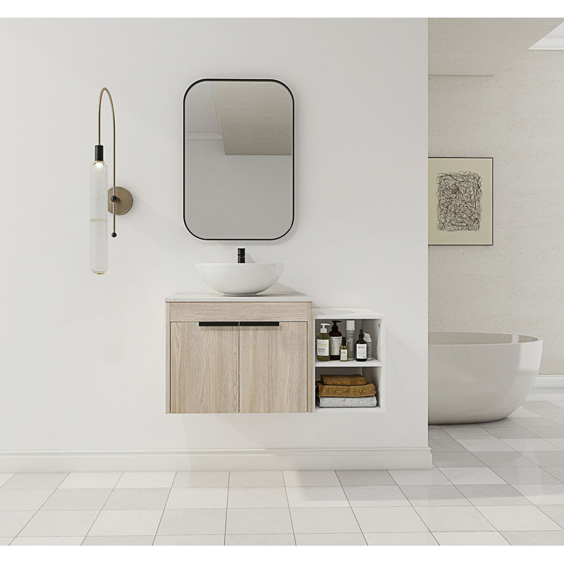 Meuble-lavabo flottant de conception moderne avec lavabo d'art en céramique et petites tablettes de rangement