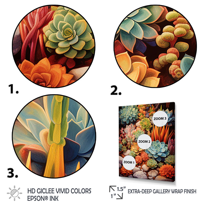 «Sessimore Green Orange Succulents Desert Gems», reproduction sur toile, H 32 po x l 24 po x P 1 po, Cadre photo noir