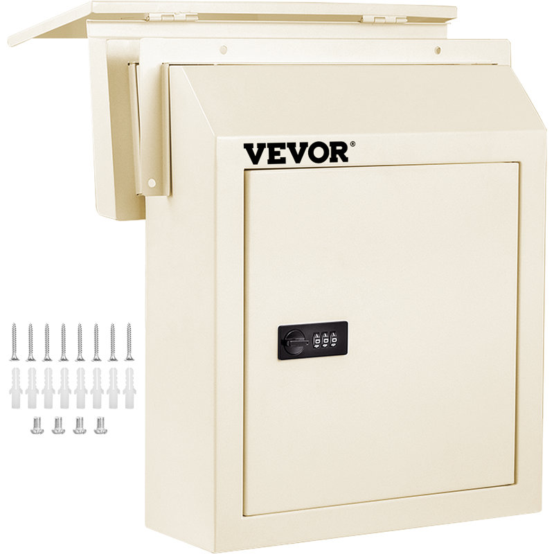 Through-The-Door Locking Drop Box, 14.2'' Door Drop Box, Door Slot Mailbox w/1.77'' Chute & Code Lock, Rainproof Steel Mail Catcher for Depositing Mail, Keys, Rents, Checks, Beige