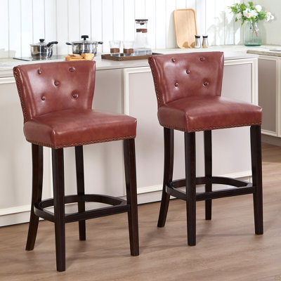 Cow Top Leather Wooden Bar Stools, Fixed Height Bar Chair With Backs,Bar Height Couner Height Barstools  For Home Kitchen Dining Room And Bar Room(Brown 2Pc)