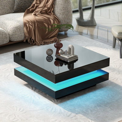 High Gloss Black LED Coffee Table – 2-Tier Square Center Table With 16-Color Lights For Living Room, Modern Sofa Area