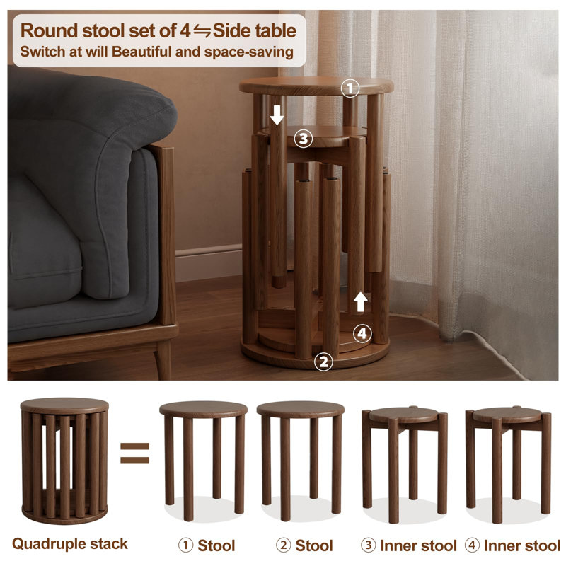 Stackable Stools Set of 4,Nesting Table, Walnut