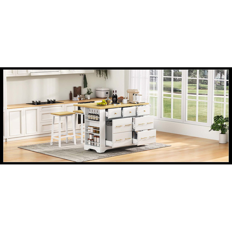 Kitchen Island With 6 Drawers, Pull Out Trash Can Storage, Drop Leaf & Power Outlet, Rolling Kitchen Island On 5 Wheels With 5 Open Racks, White