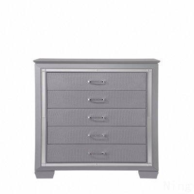 1Pc Modern Five Drawer Tall Chest Mirror Accents Chrome Finish Hardware Faux Crystal Accent