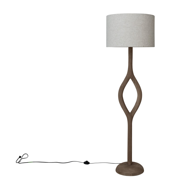 Lampe sur pied en bois de manguier avec base en forme de losange ouverte, abat-jour en coton et interrupteur en ligne