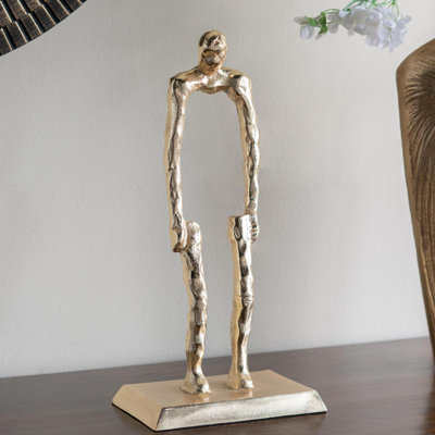 Ensemble de 1 figurine humaine debout abstraite texturée à finition dorée avec base piédestal, sculpture moderne en fonte d'aluminium de 16,5 pouces pour la décoration intérieure