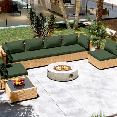 Ensemble de conversation de patio en rotin 8 pièces avec coussins et table de foyer d'extérieur de 42 pouces
