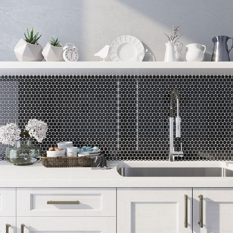 Penny 1 " X 1 " Straight Edge Glass Mosaic Sheet Wall & Floor Tile, Black