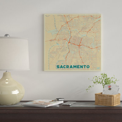 «Sacramento Retro Urban Blueprint Map» par Hubert Roguski, impression sur toile tendue