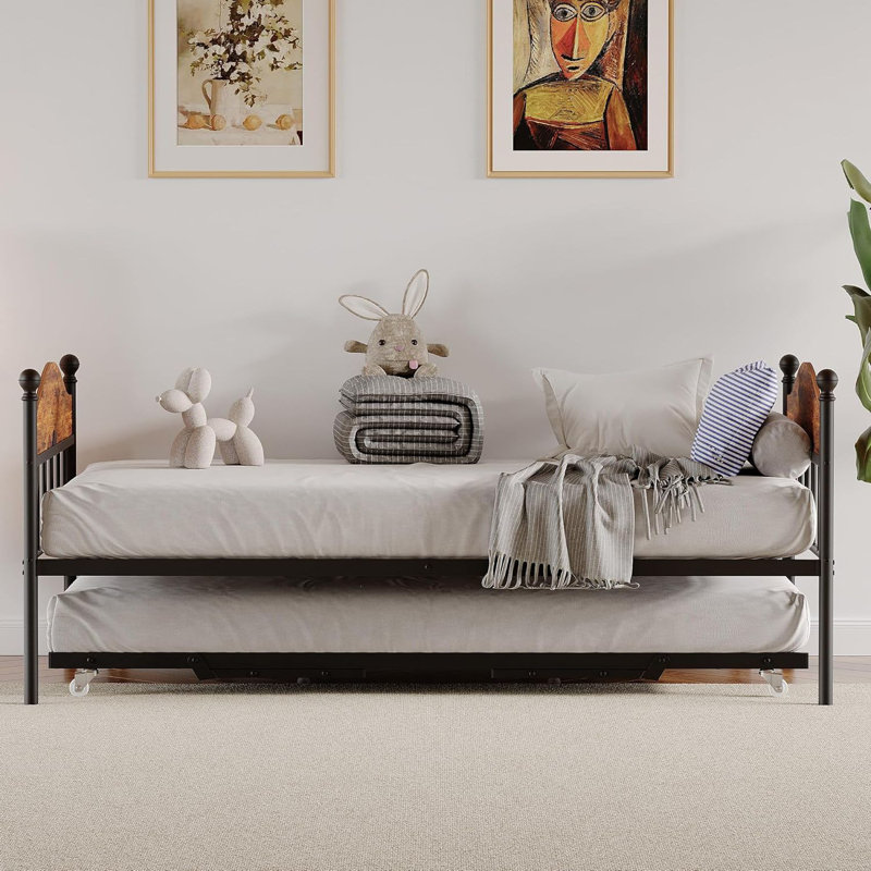 Daybed with Trundle, Height Adjustable, Rustic Brwon