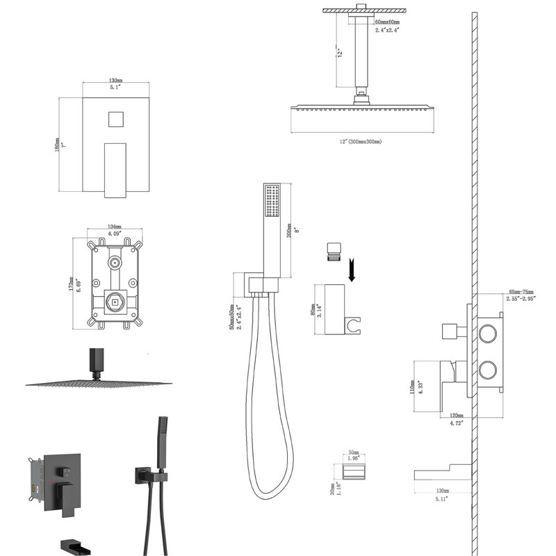 Ensemble de douche noir mat avec bec de baignoire en cascade - pomme de douche carrée de 12 po, douche à main, valve, installation facile et mesures sanitaires