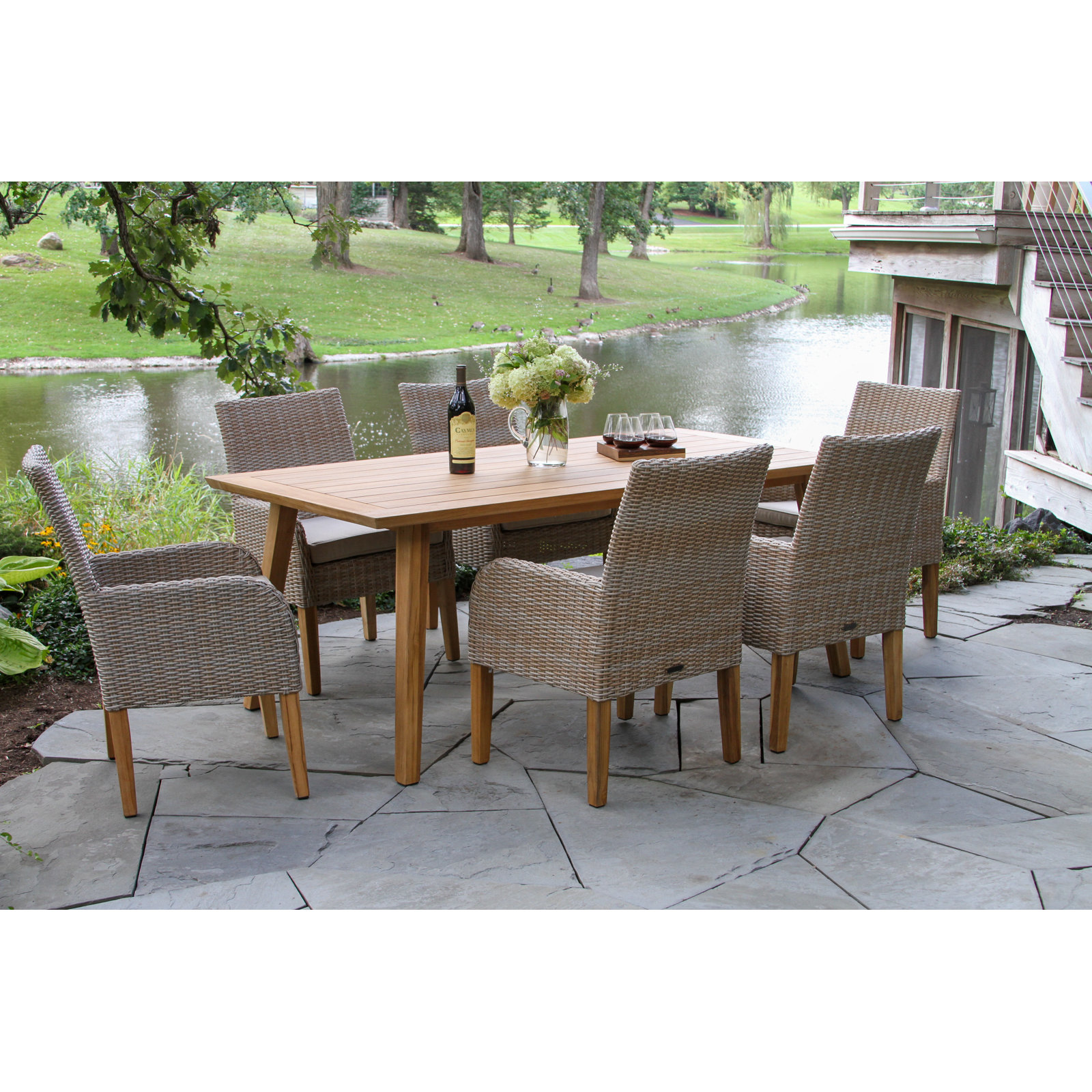 Fleur 7 Pc. Teak & Ash Wicker Dining Set With Sunbrella Cushions