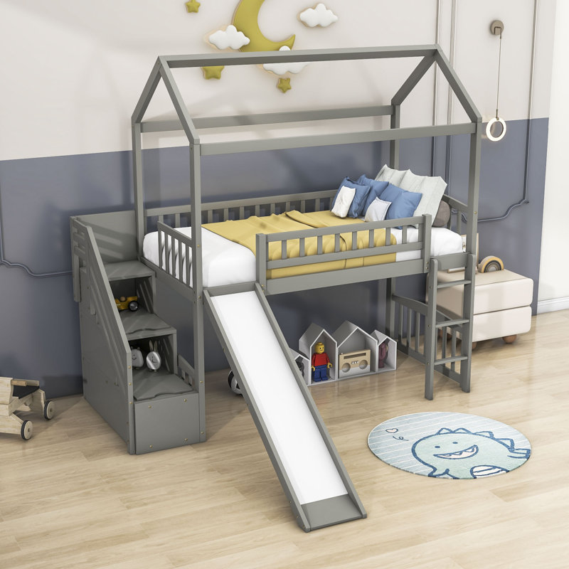 Twin Size House Loft Bed with Storage Staircase and Slide, Gray