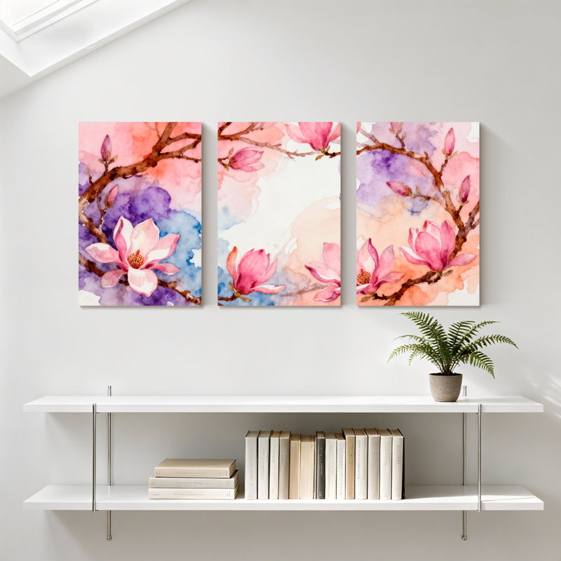 «Magnolia Watercolor Magnolia Blossoms On Branches», ensemble de 3 impressions sur toile, H 18 po x l 36 po
